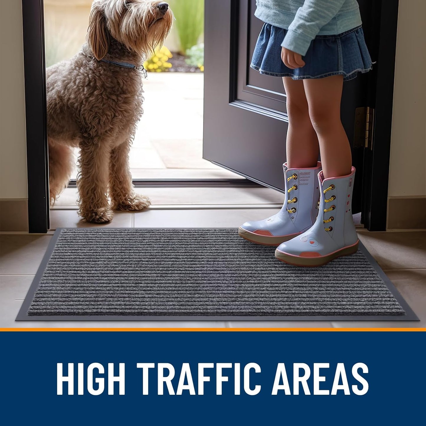 Front Door Mat – Waterproof Heavy Duty Indoor Outdoor Entrance Rug, Low Profile Welcome Mat (29.5 x 17, Grey)