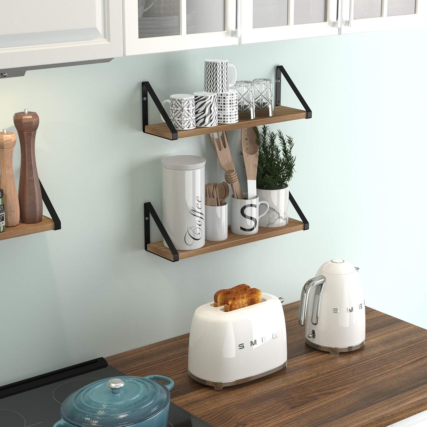 Set of 2 Rustic Floating Shelves – Wall Mounted Storage for Bathroom, Kitchen, Bedroom, or Laundry Room – Natural Burned Wood with Black Metal Brackets – Farmhouse Wall Decor Organizer