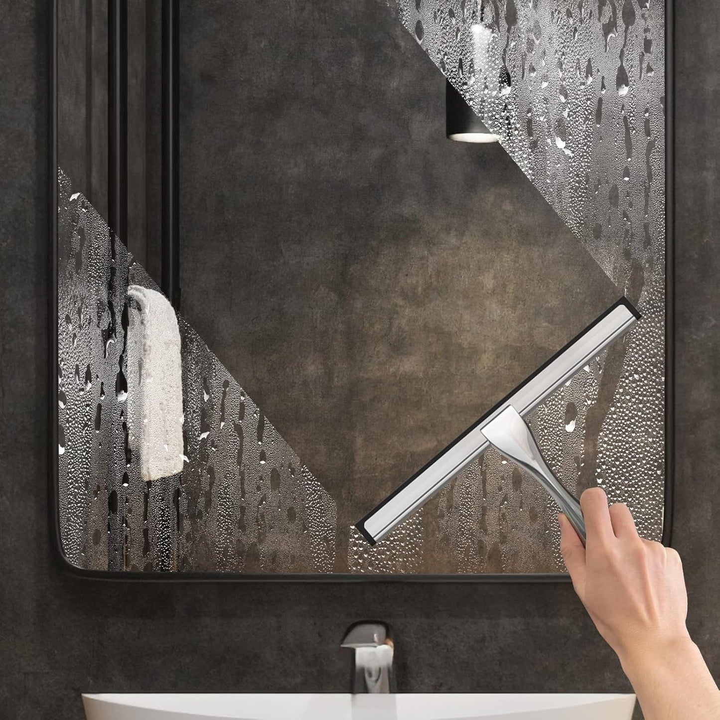 10" Stainless Steel Shower Squeegee – Glass Door & Tile Cleaner with 2 Adhesive Hooks