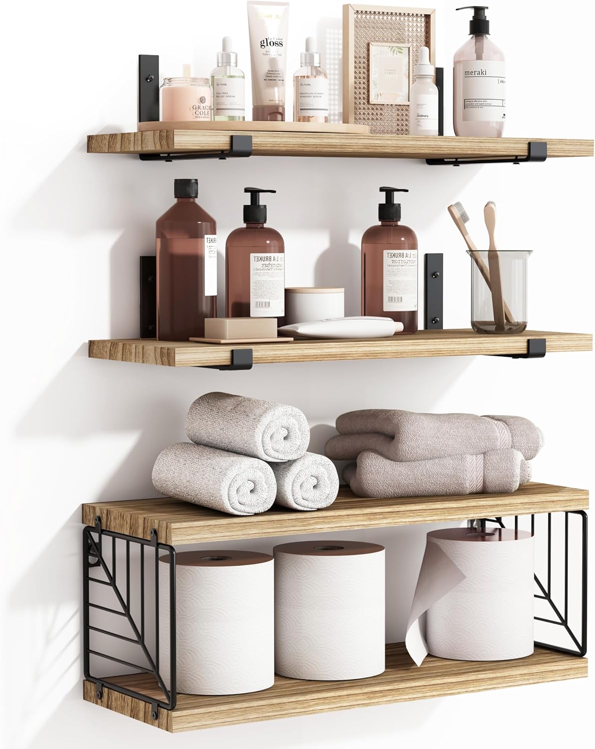3+1 Tier Bathroom Floating Shelves over Toilet, 15.8In Farmhouse Rustic Wood Shelves, Wall Decor for Bathroom, Living Room,Bedroom and Kitchen (Black)