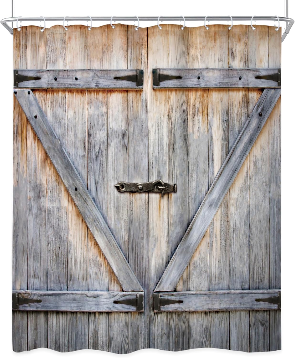 Rustic Barn Door Shower Curtain – 54x78 Inch Farmhouse Style Fabric, Vintage Wood Plank Look, Waterproof Polyester with 12 Hooks, Bathroom Decor