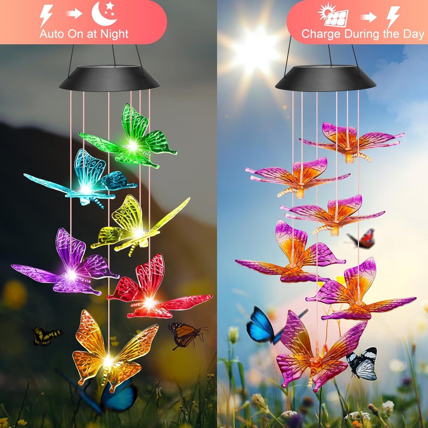 Birthday Gifts for Women Grandma Wife Sister, Solar Lights Outdoor Wind Chimes for outside Garden Yard Patio Porch Decor Hanging Butterfly Decorations, Mothers Day Mom Gift for Her