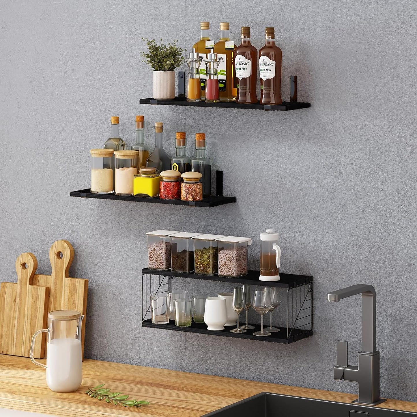 3+1 Tier Bathroom Floating Shelves over Toilet, 15.8In Farmhouse Rustic Wood Shelves, Wall Decor for Bathroom, Living Room,Bedroom and Kitchen (Black)