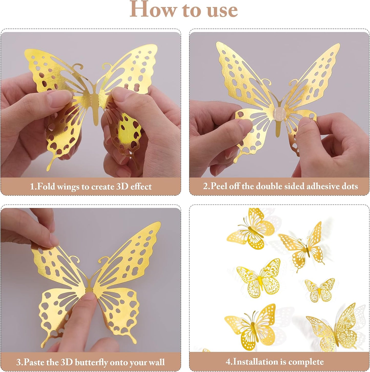 3D Gold Butterfly Wall Decor – 48 Pcs Removable Stickers in 4 Styles & 3 Sizes for Party, Birthday & Room Decor