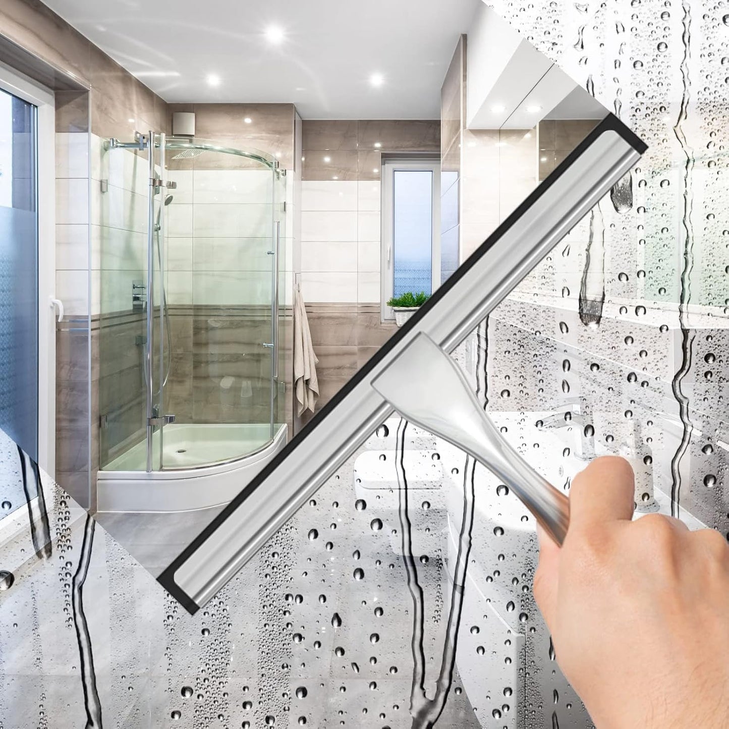 10" Stainless Steel Shower Squeegee – Glass Door & Tile Cleaner with 2 Adhesive Hooks