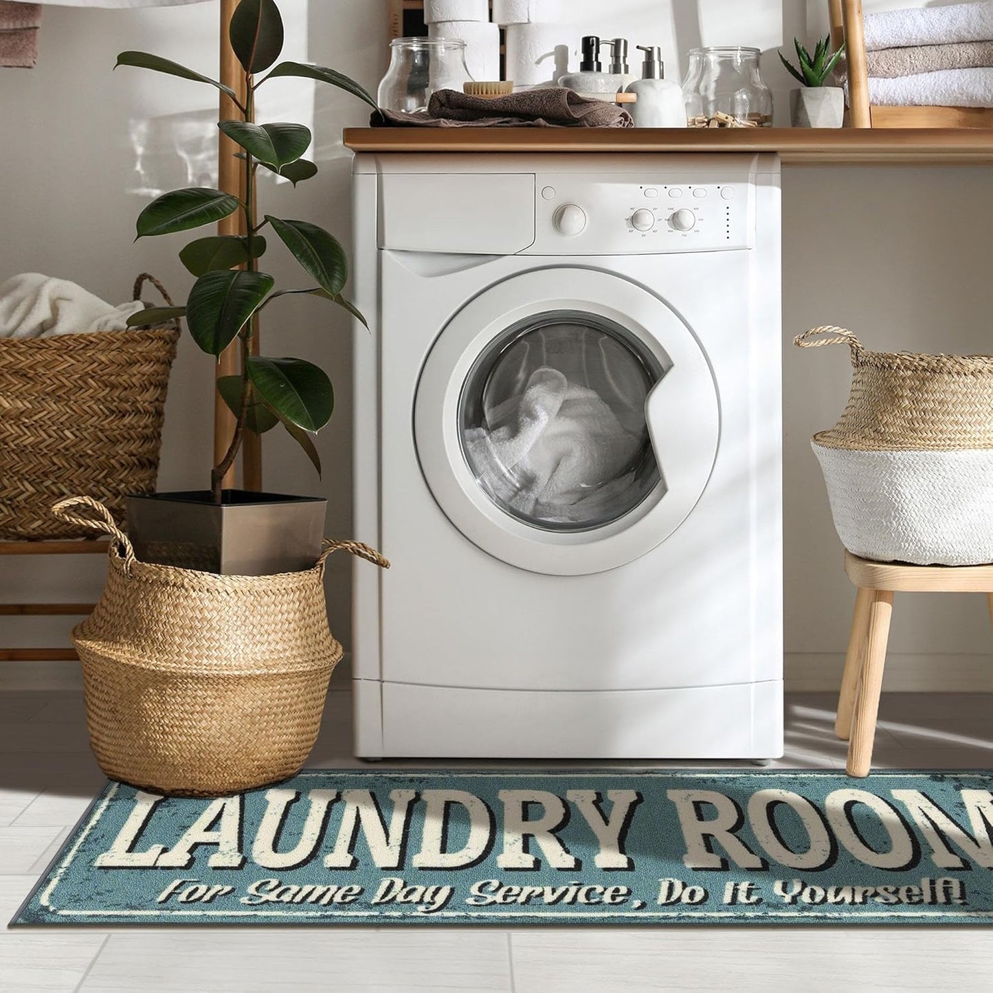 20"x59" Baby Blue Laundry Room Rug – Machine Washable Runner with Non-Slip Rubber Back for Bathroom, Washroom & Entryway