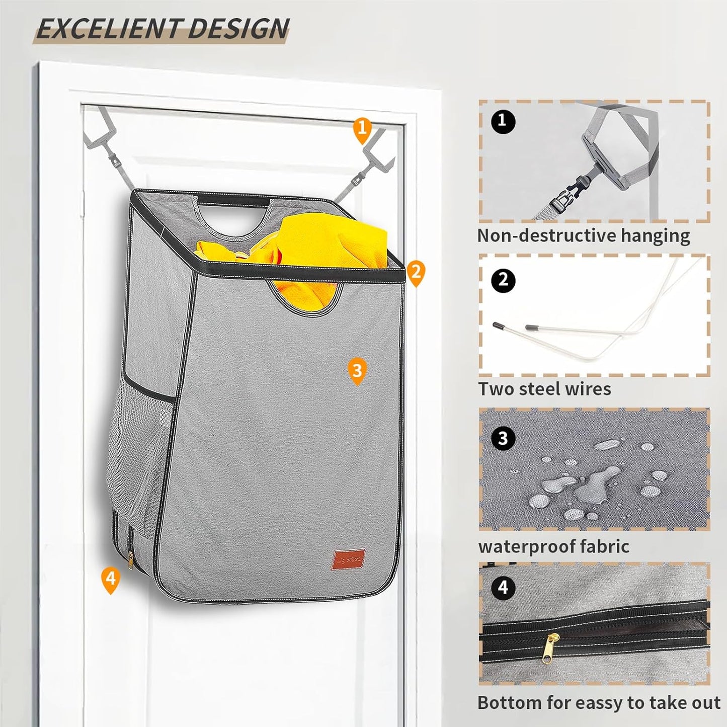 Over-the-Door Hanging Laundry Hamper – Large Capacity Bag with Metal Rim Opening