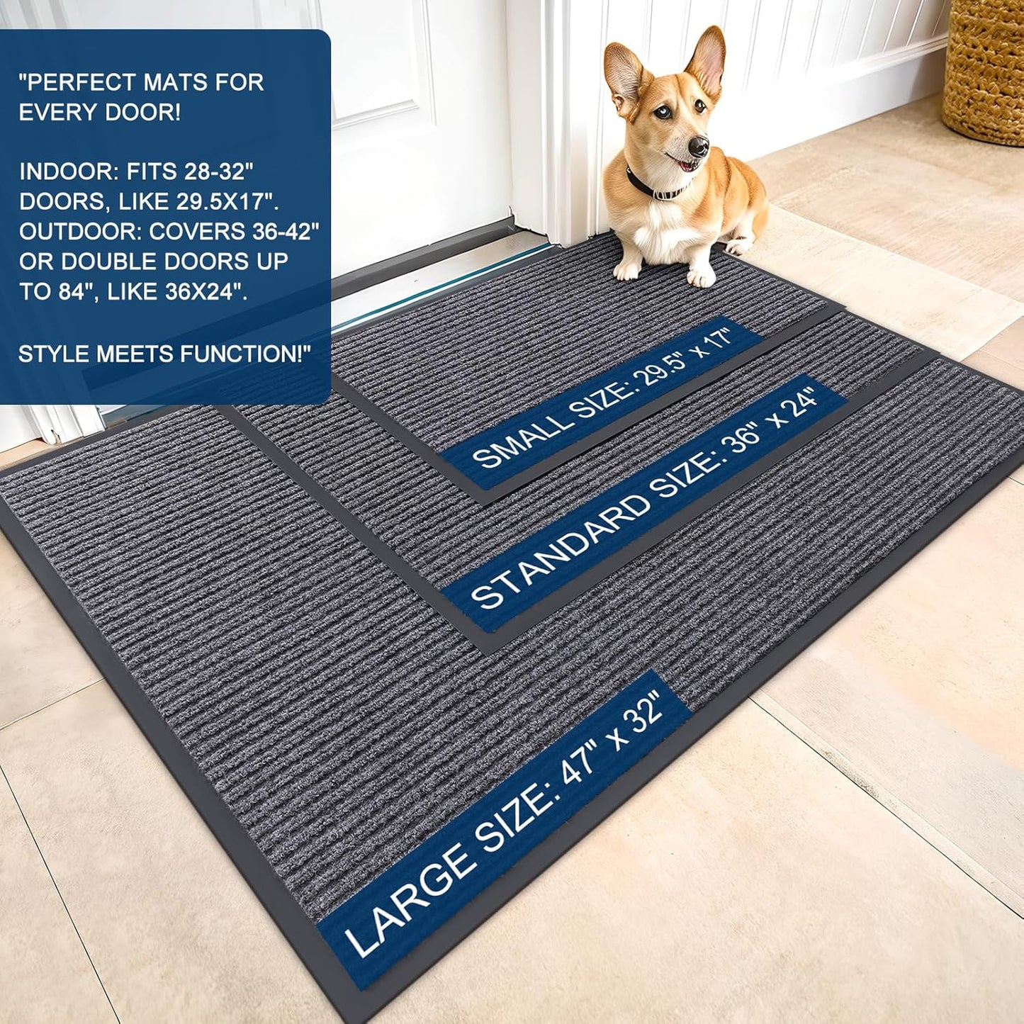 Front Door Mat – Waterproof Heavy Duty Indoor Outdoor Entrance Rug, Low Profile Welcome Mat (29.5 x 17, Grey)