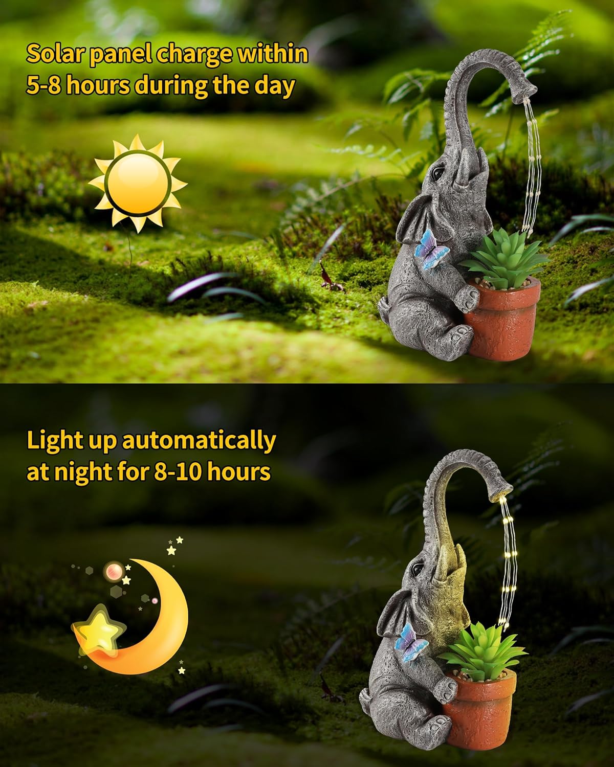 Solar Elephant Garden Statue with Succulent Planter – 11” Hand-Painted Resin Lawn Ornament