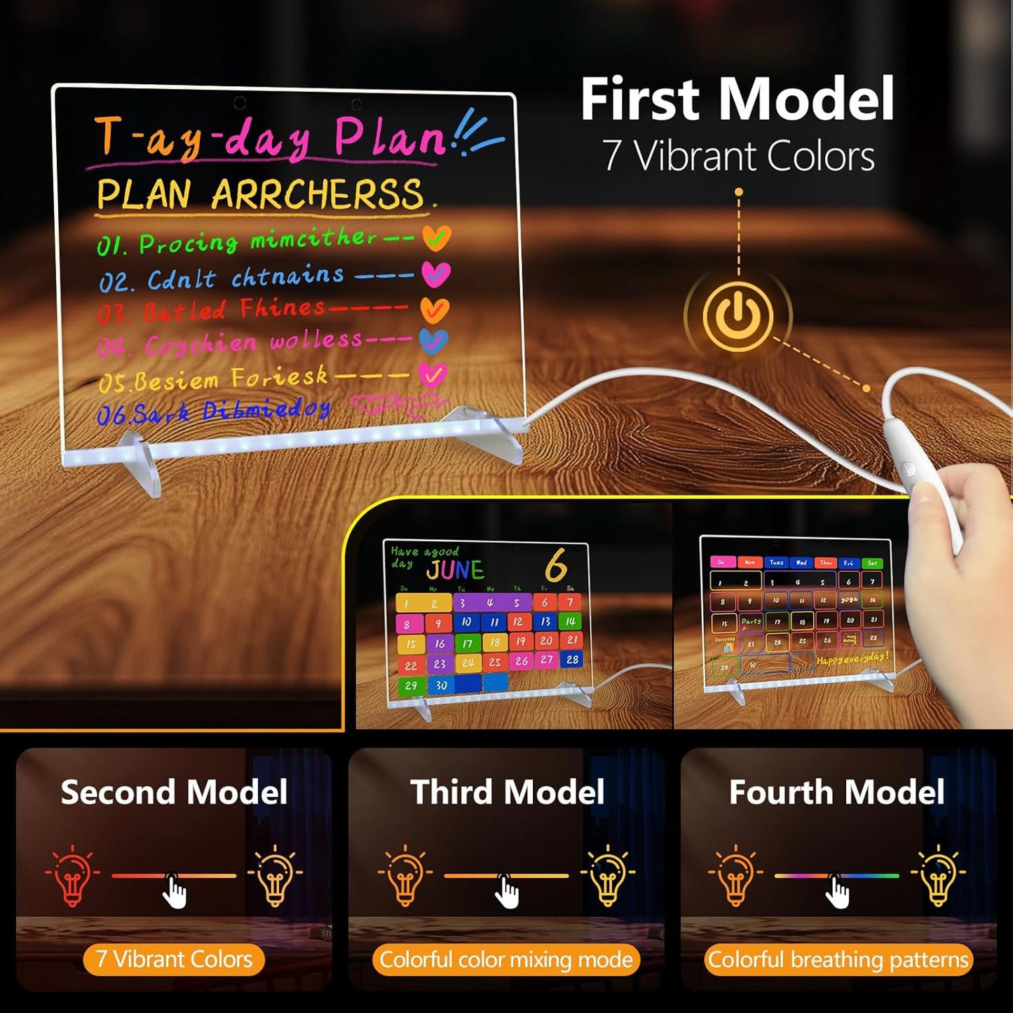 LED Note Board with Colors – 13.7”x10” Light-Up Acrylic Drawing & Message Board with 7 Markers, Adapter, Chain & Stand