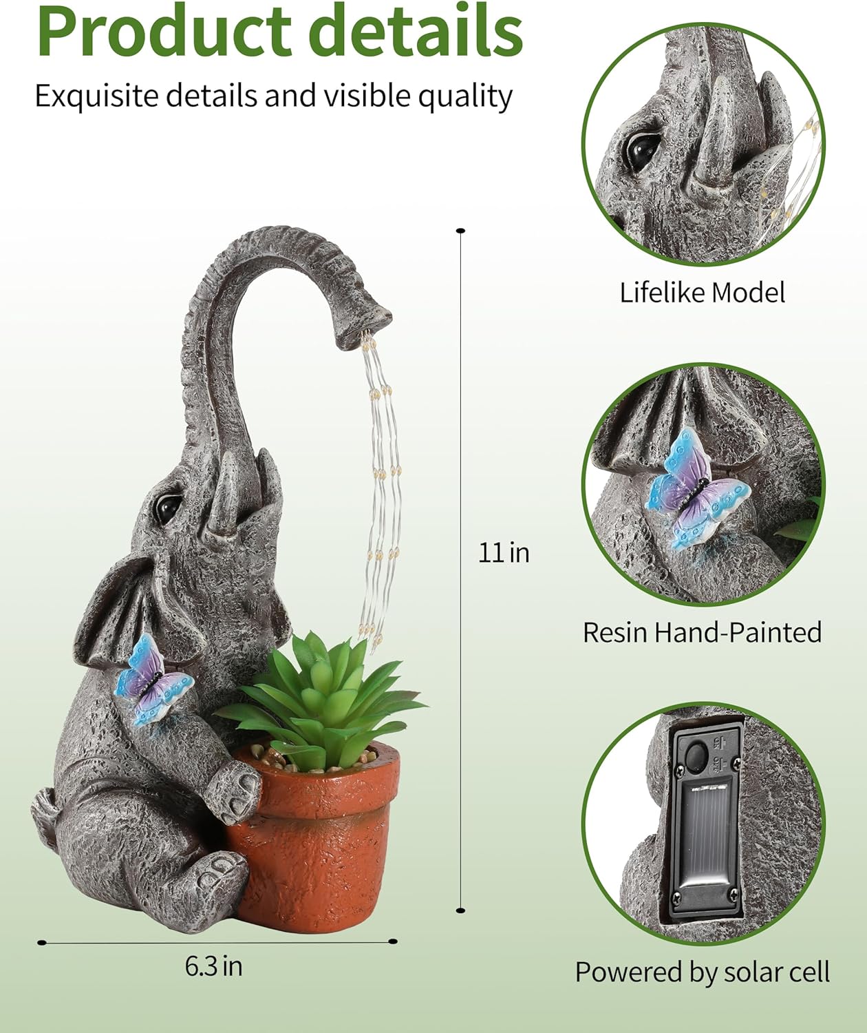 Solar Elephant Garden Statue with Succulent Planter – 11” Hand-Painted Resin Lawn Ornament