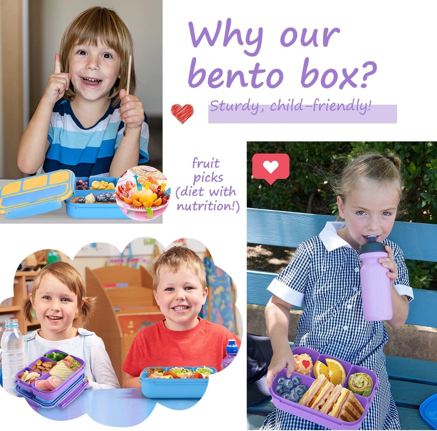 Bento Lunch Box for Kids Girls Boys, Toddler Kids Lunch Boxes for School, Lunch Containers for Adults with 4 Compartments, Sauce Container, Utensils, Food Picks and Muffin Cups, Purple