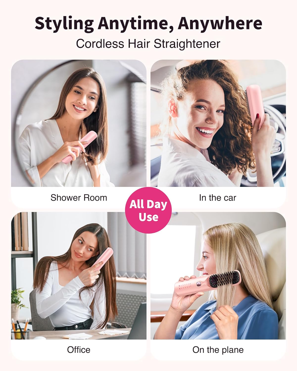 Cordless Ionic Hair Straightener Brush – 10,000mAh Portable Travel Styling Tool