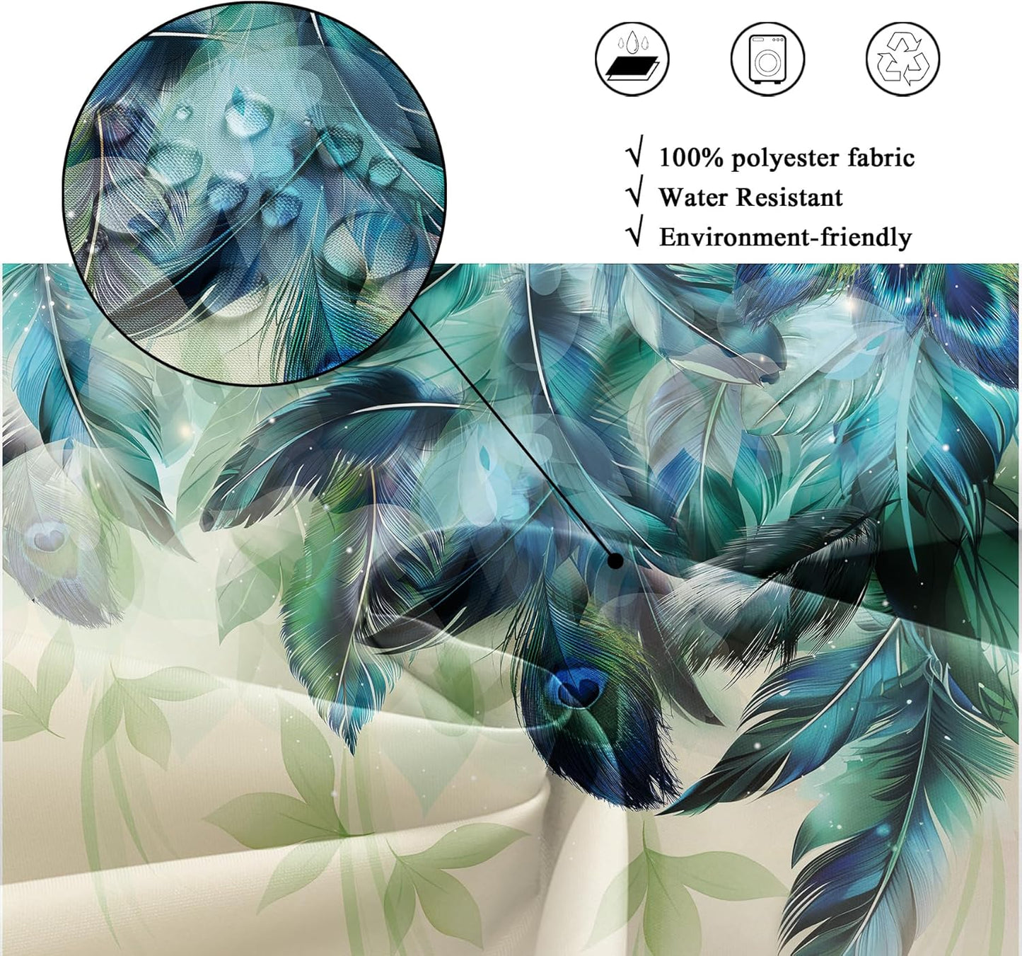 Teal Peacock Feather Shower Curtain – 72x72” Watercolor Turquoise Floral Bathroom Decor with Hooks