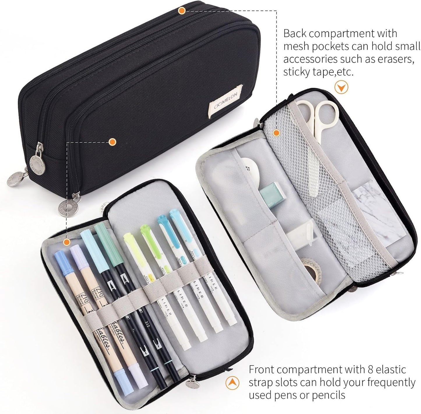 Large Capacity Pencil Case – 3-Zip Compartment Organizer Pouch (Black)