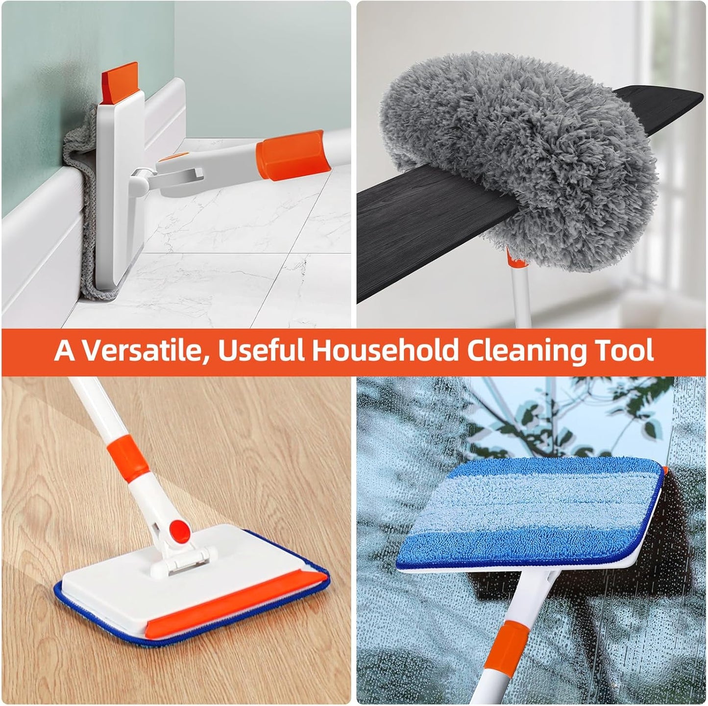 Baseboard Cleaning Tool with Extendable Handle – Reusable Duster Pads (Gray)