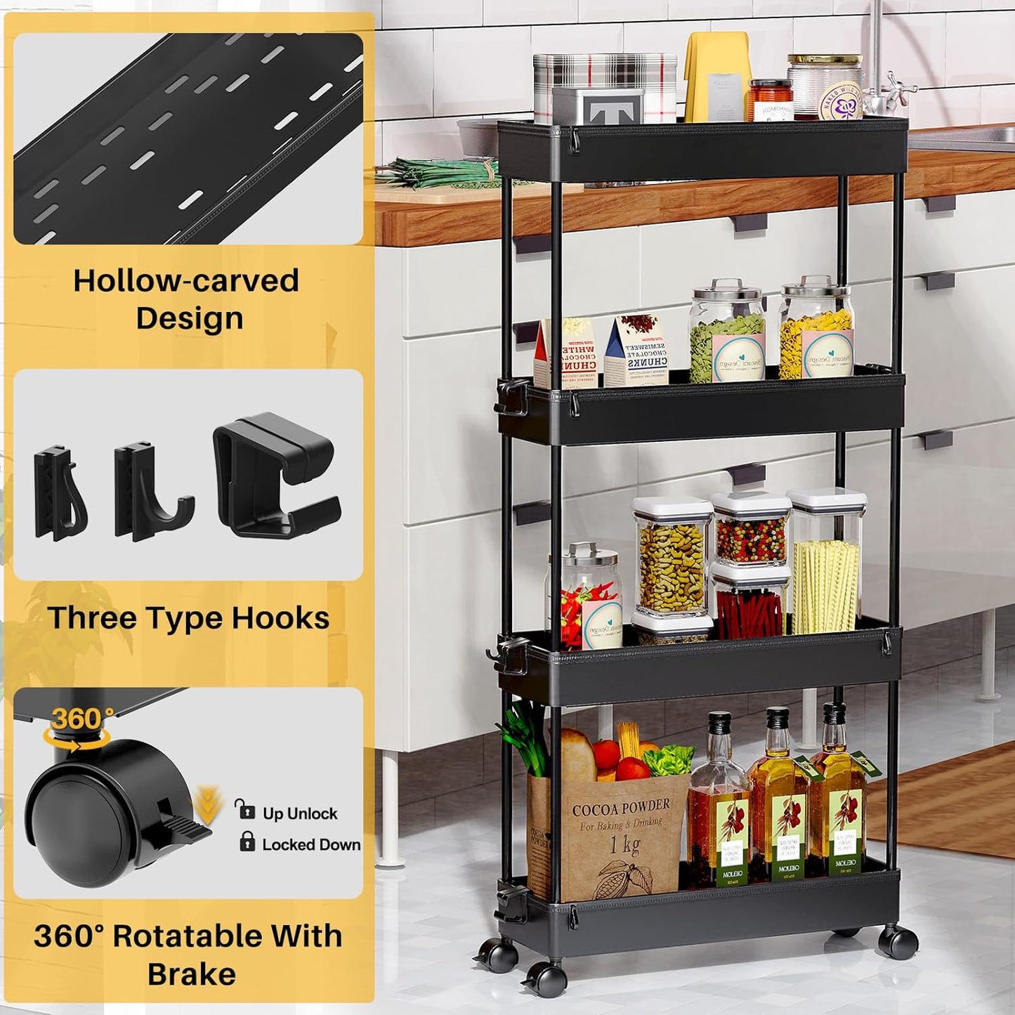 Slim Rolling Storage Cart 4 Tier Organizer Mobile Shelving Unit Utility Cart Tower Rack for Kitchen Bathroom Laundry Narrow Places, Black