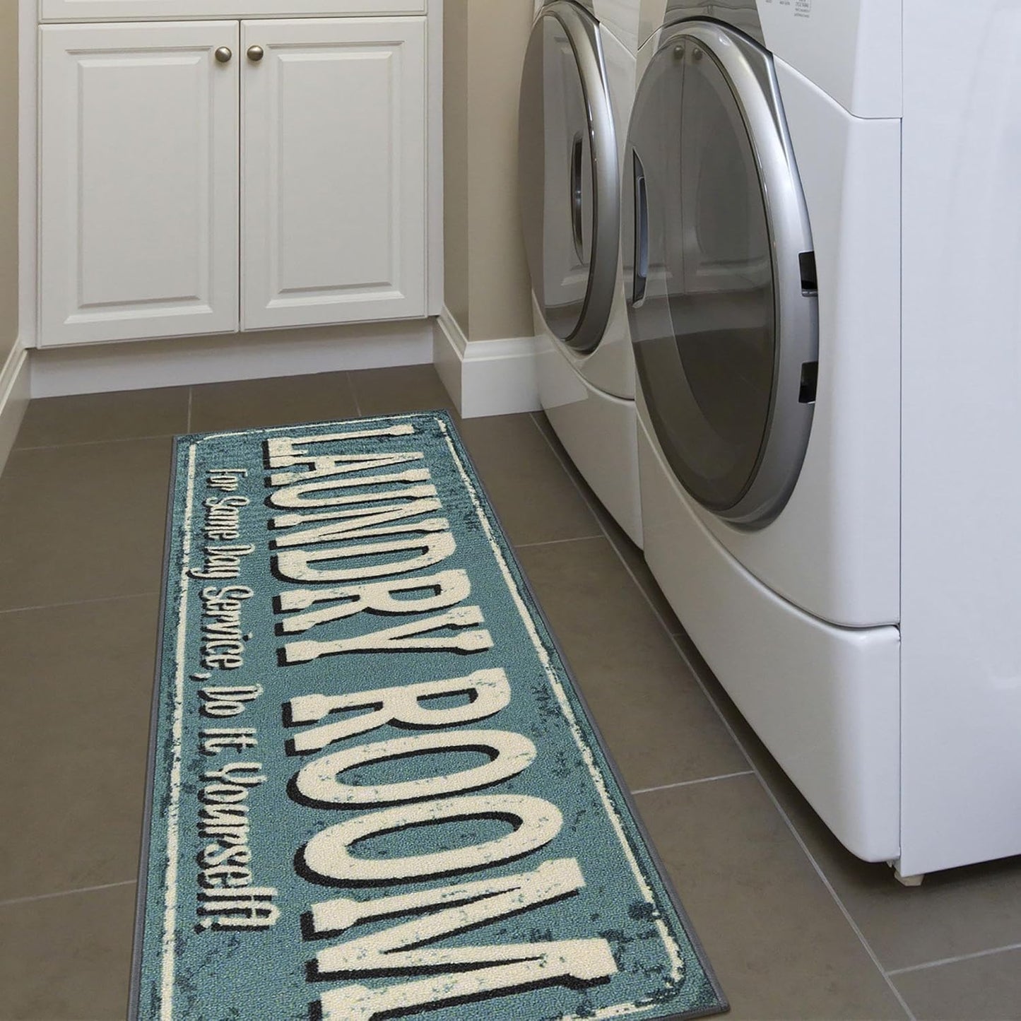 20"x59" Baby Blue Laundry Room Rug – Machine Washable Runner with Non-Slip Rubber Back for Bathroom, Washroom & Entryway
