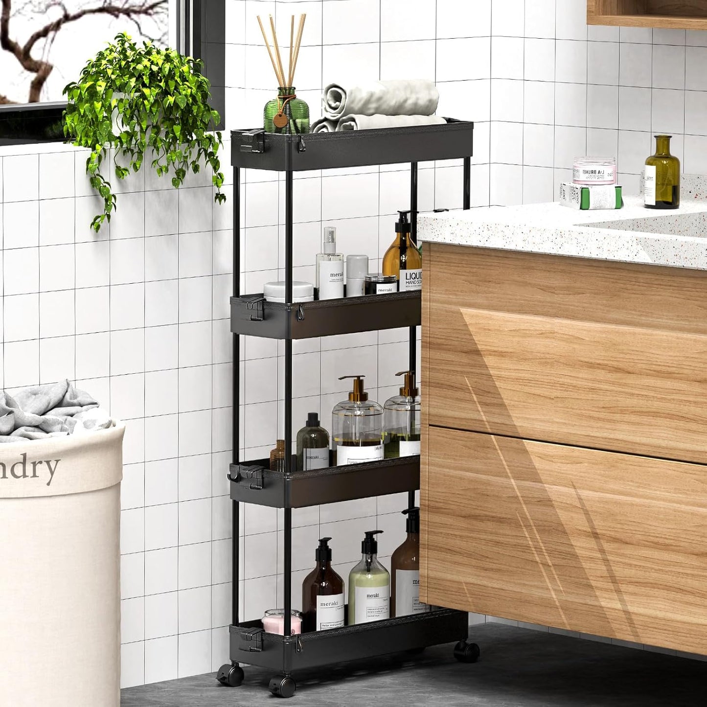 Slim Rolling Storage Cart 4 Tier Organizer Mobile Shelving Unit Utility Cart Tower Rack for Kitchen Bathroom Laundry Narrow Places, Black