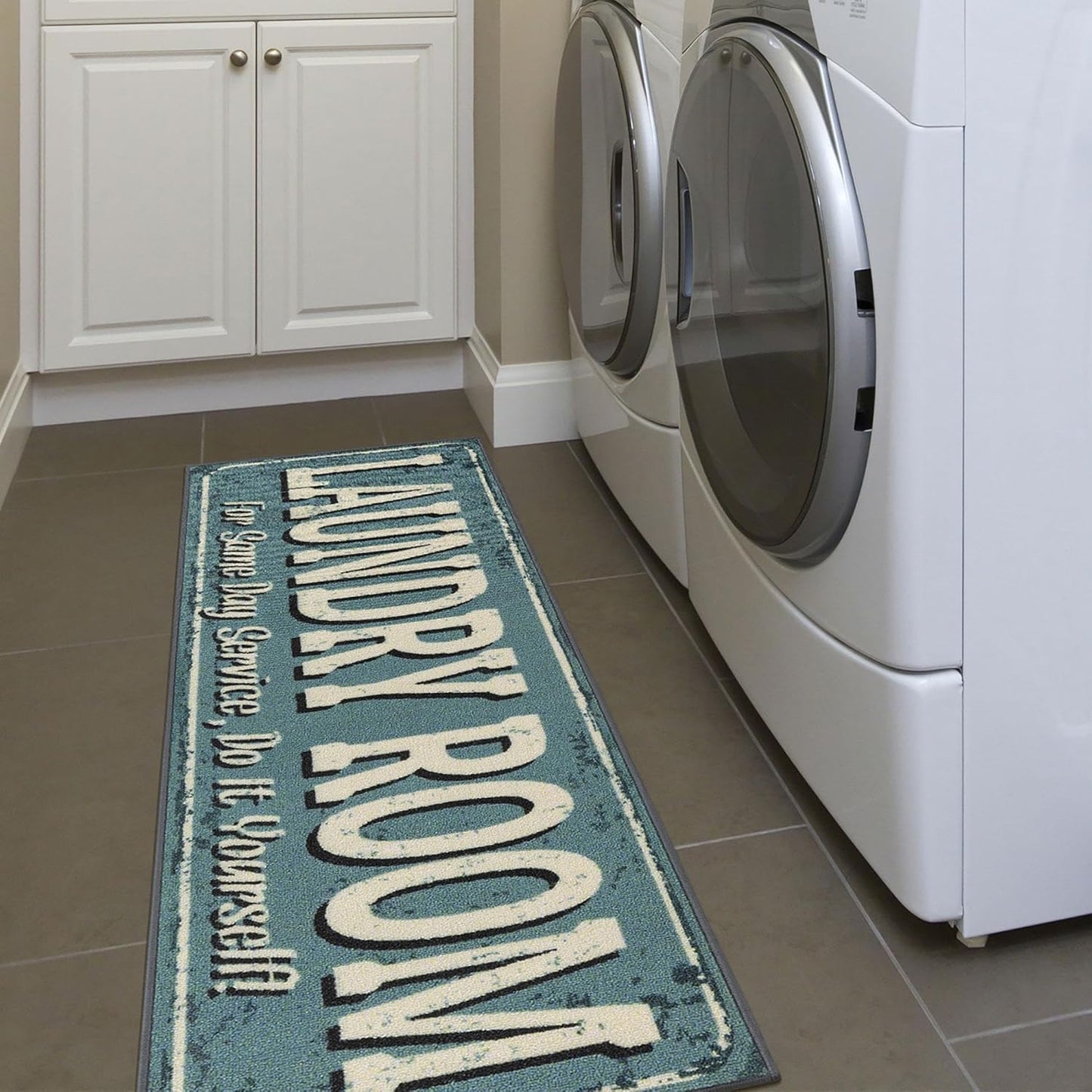 20"x59" Baby Blue Laundry Room Rug – Machine Washable Runner with Non-Slip Rubber Back for Bathroom, Washroom & Entryway