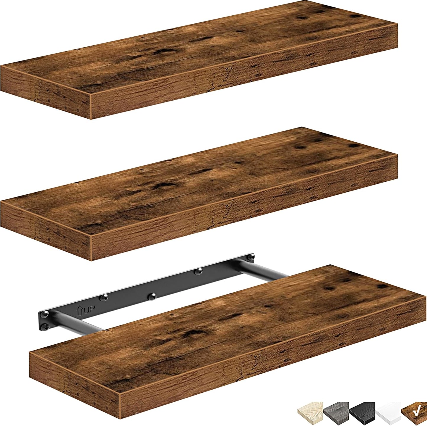 Set of 3 Floating Wall Shelves – 16" Rustic Brown Wood Hanging Shelves for Bathroom, Bedroom, Kitchen & Living Room – Farmhouse Wall Decor (015-BN3)