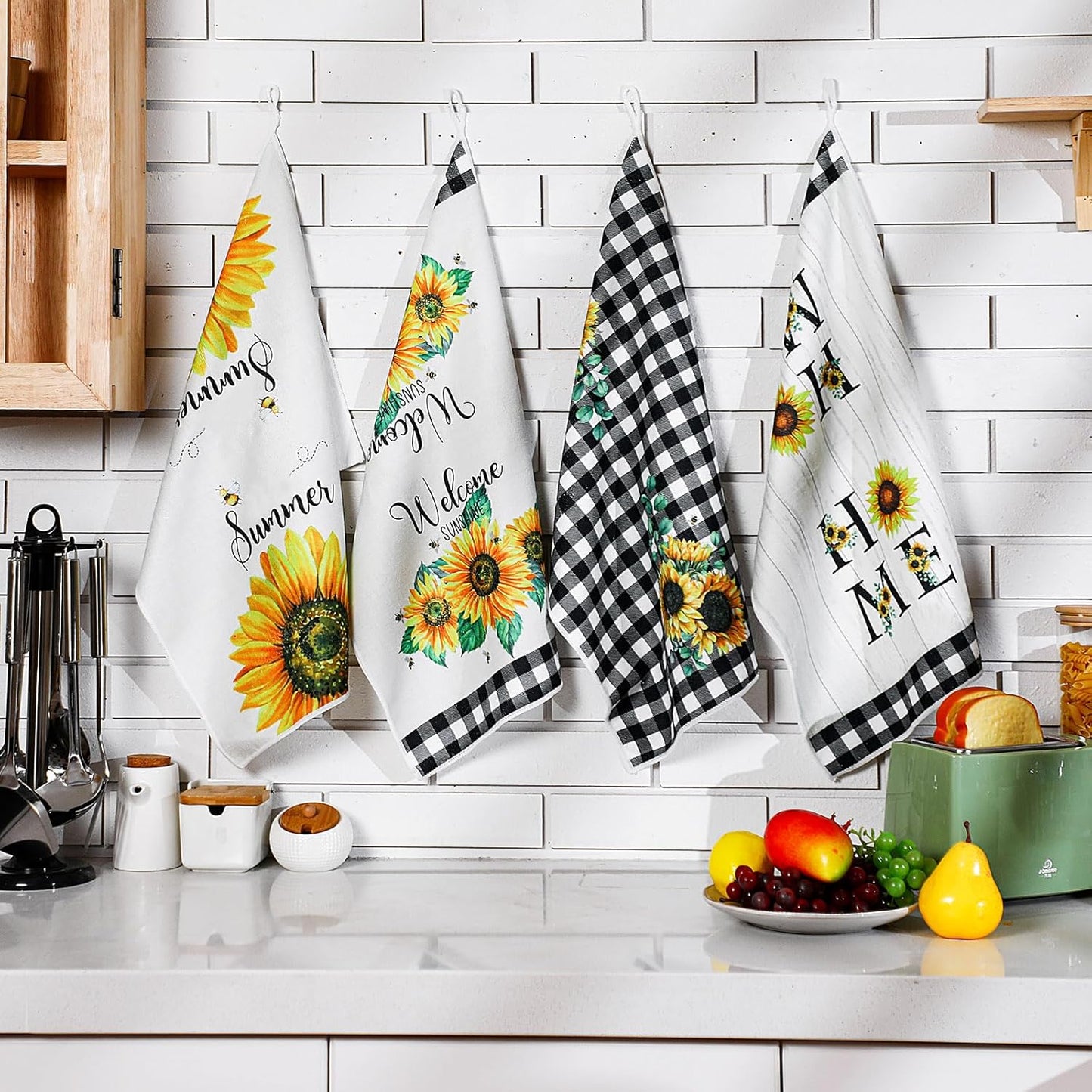 4-Pack Sunflower Kitchen Towels – Fast-Drying Floral Lemon Dish Towels (Yellow, Summer Decor)