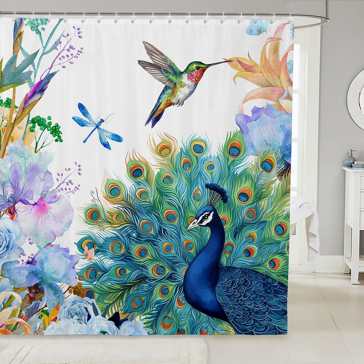 Peacock & Hummingbird Shower Curtain – 72x72” Navy Floral Nature Bathroom Curtain with Dragonfly Design, Waterproof with Hooks
