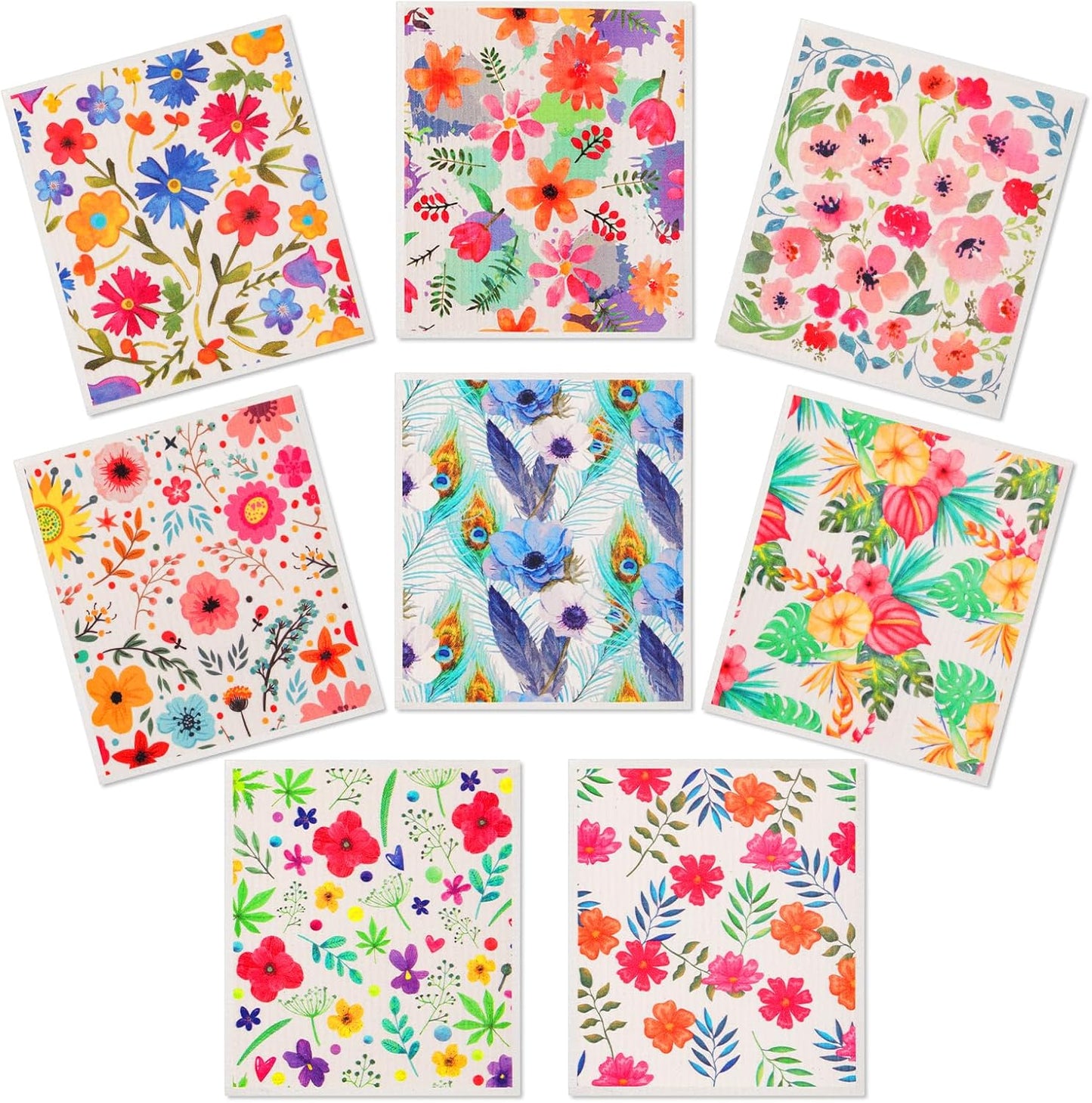 8 Pack Swedish Dishcloths for Kitchen, Reusable Soft Kitchen Towels Dish Cloths Set Absorbent Sponge Cleaning Washable Quick Drying Bar Hand Washing (Birds Flowers)