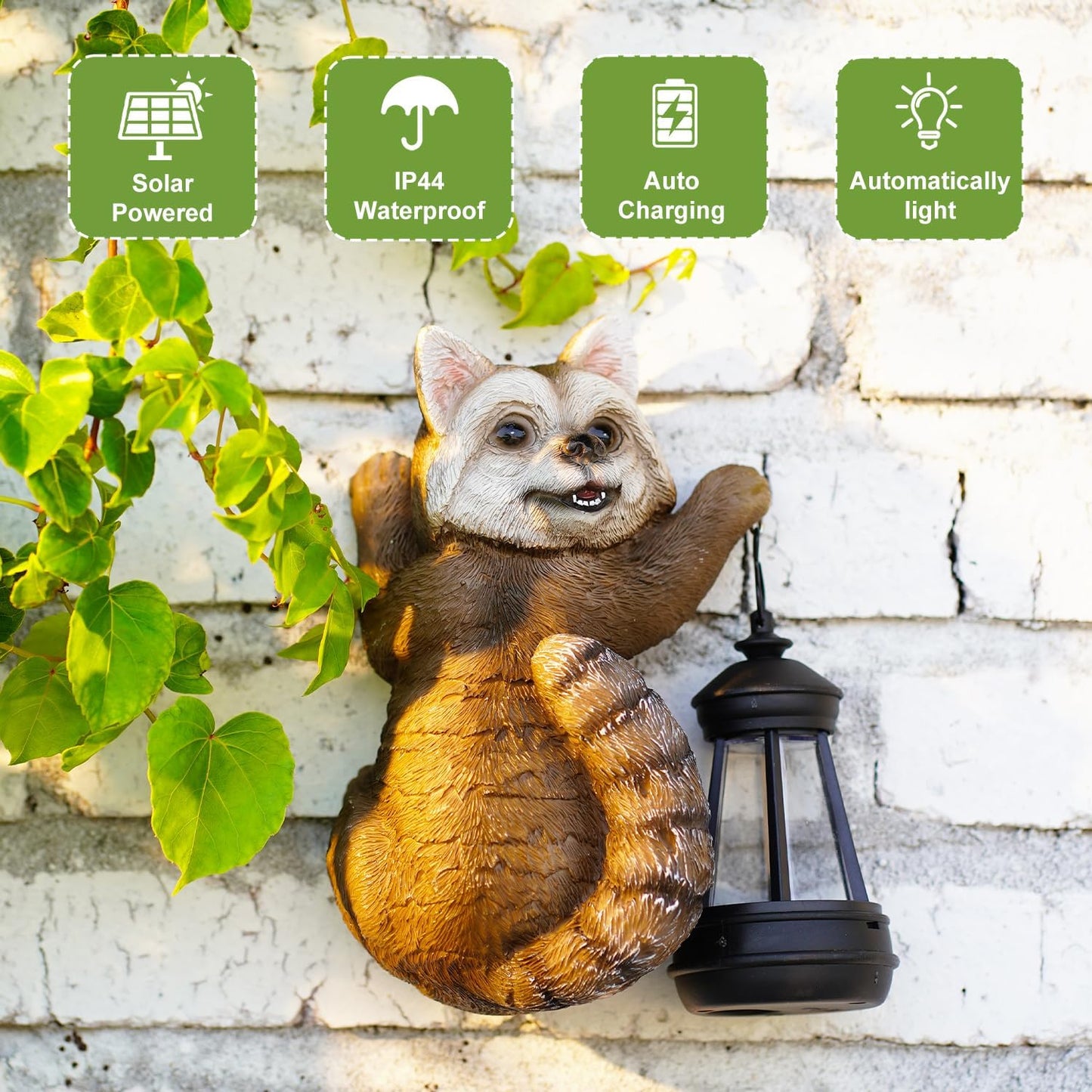Raccoon Tree Hanger with Solar Lantern – 7.4” Outdoor Garden Decor Statue for Yard, Patio, or Fence | Charming Animal Gift for Women & Moms