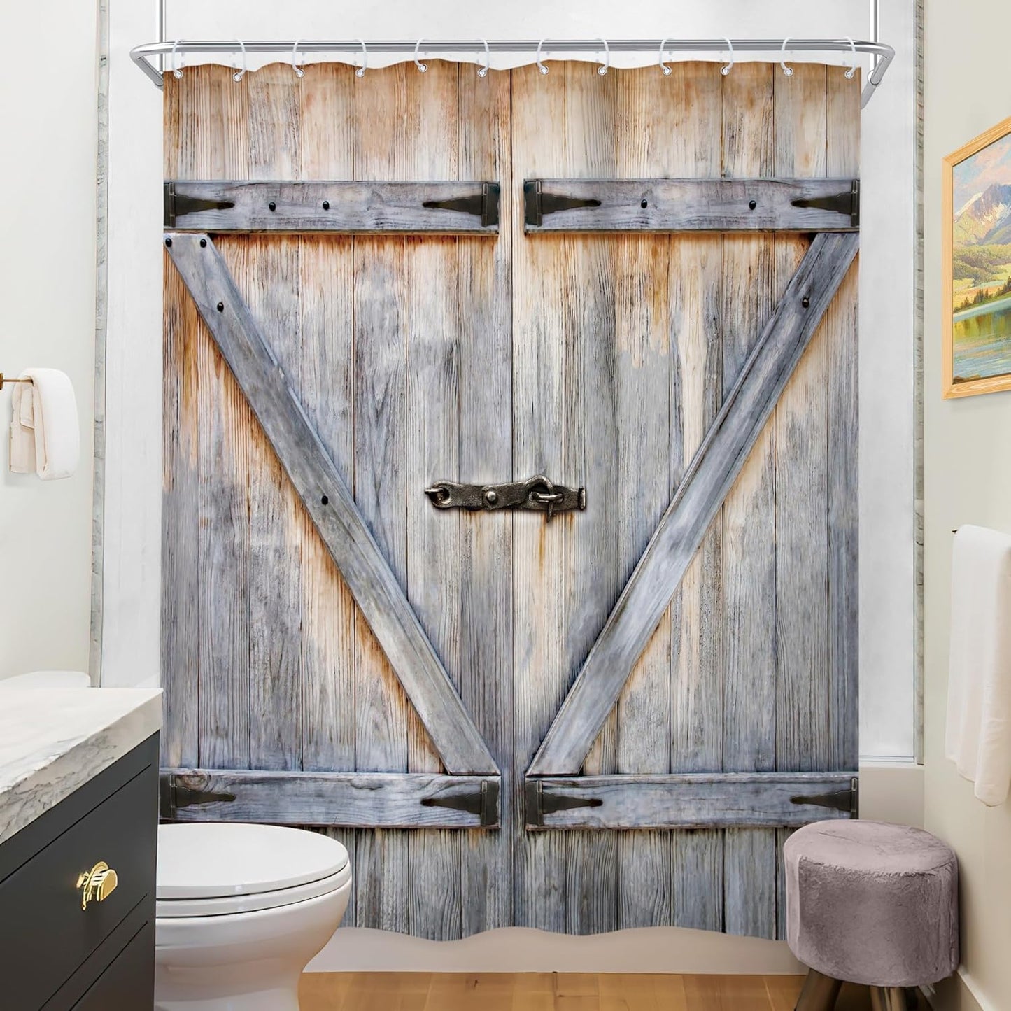 Rustic Barn Door Shower Curtain – 54x78 Inch Farmhouse Style Fabric, Vintage Wood Plank Look, Waterproof Polyester with 12 Hooks, Bathroom Decor