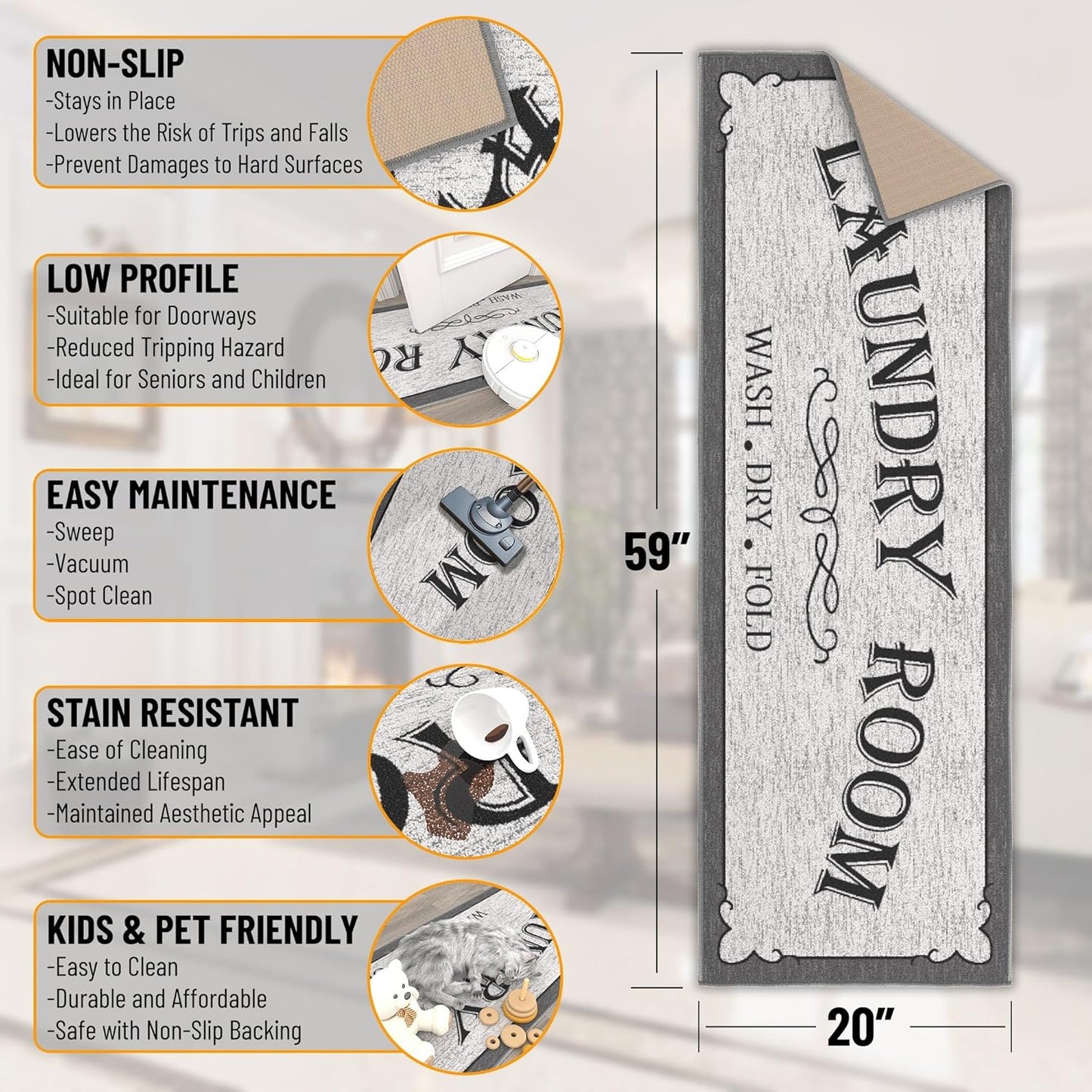 20"x59" Non-Slip Laundry Room Rug – Durable Gray Runner Mat for Entryway, Bathroom & Mudroom