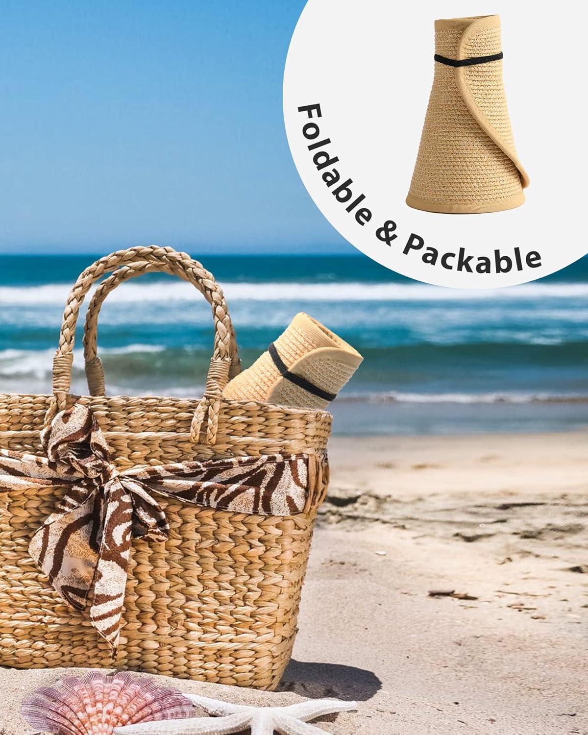 Women’s Wide Brim Straw Sun Hat – UV Protective, Foldable Beach Visor with Ponytail Slot