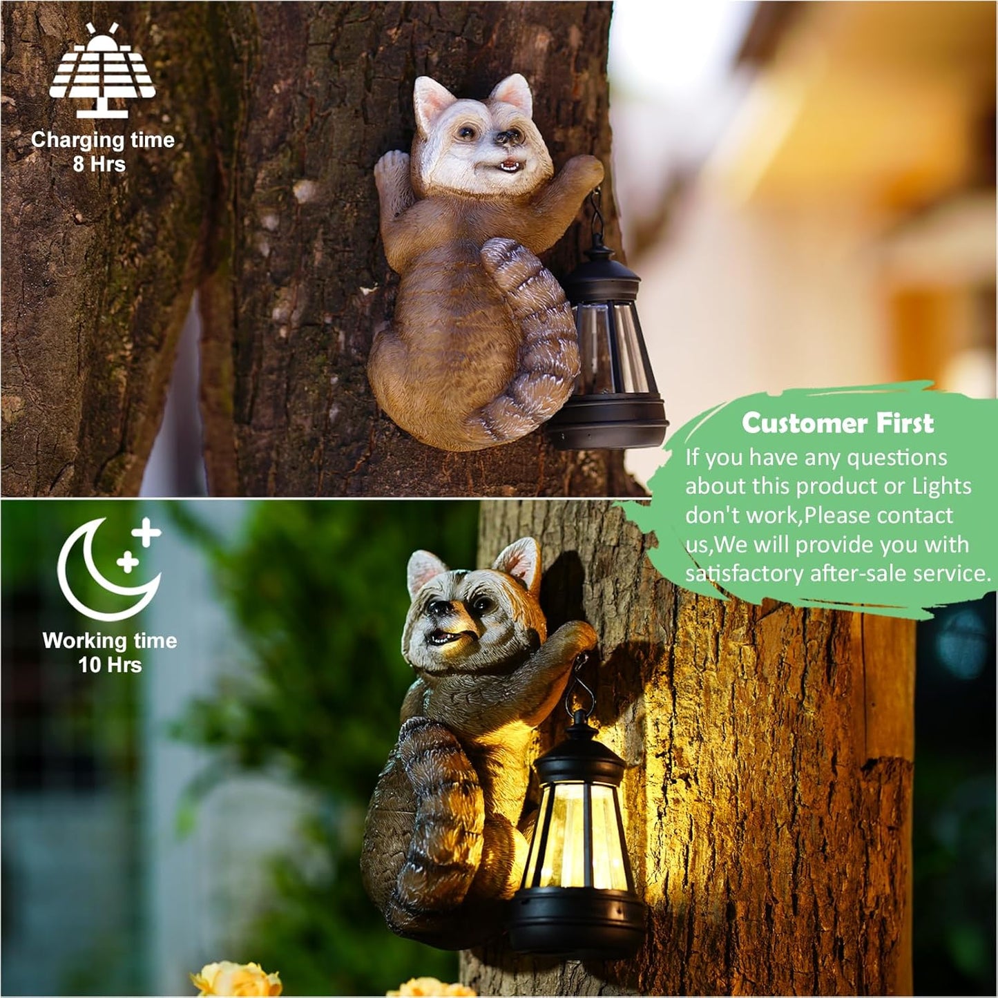 Raccoon Tree Hanger with Solar Lantern – 7.4” Outdoor Garden Decor Statue for Yard, Patio, or Fence | Charming Animal Gift for Women & Moms