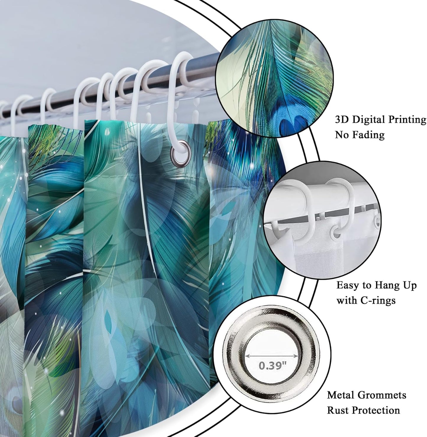 Teal Peacock Feather Shower Curtain – 72x72” Watercolor Turquoise Floral Bathroom Decor with Hooks