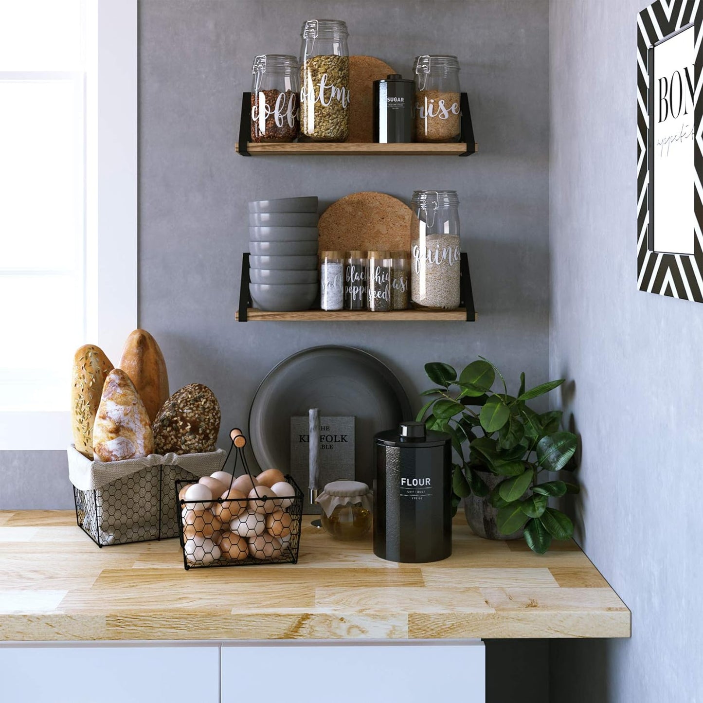 Set of 2 Rustic Floating Shelves – Wall Mounted Storage for Bathroom, Kitchen, Bedroom, or Laundry Room – Natural Burned Wood with Black Metal Brackets – Farmhouse Wall Decor Organizer
