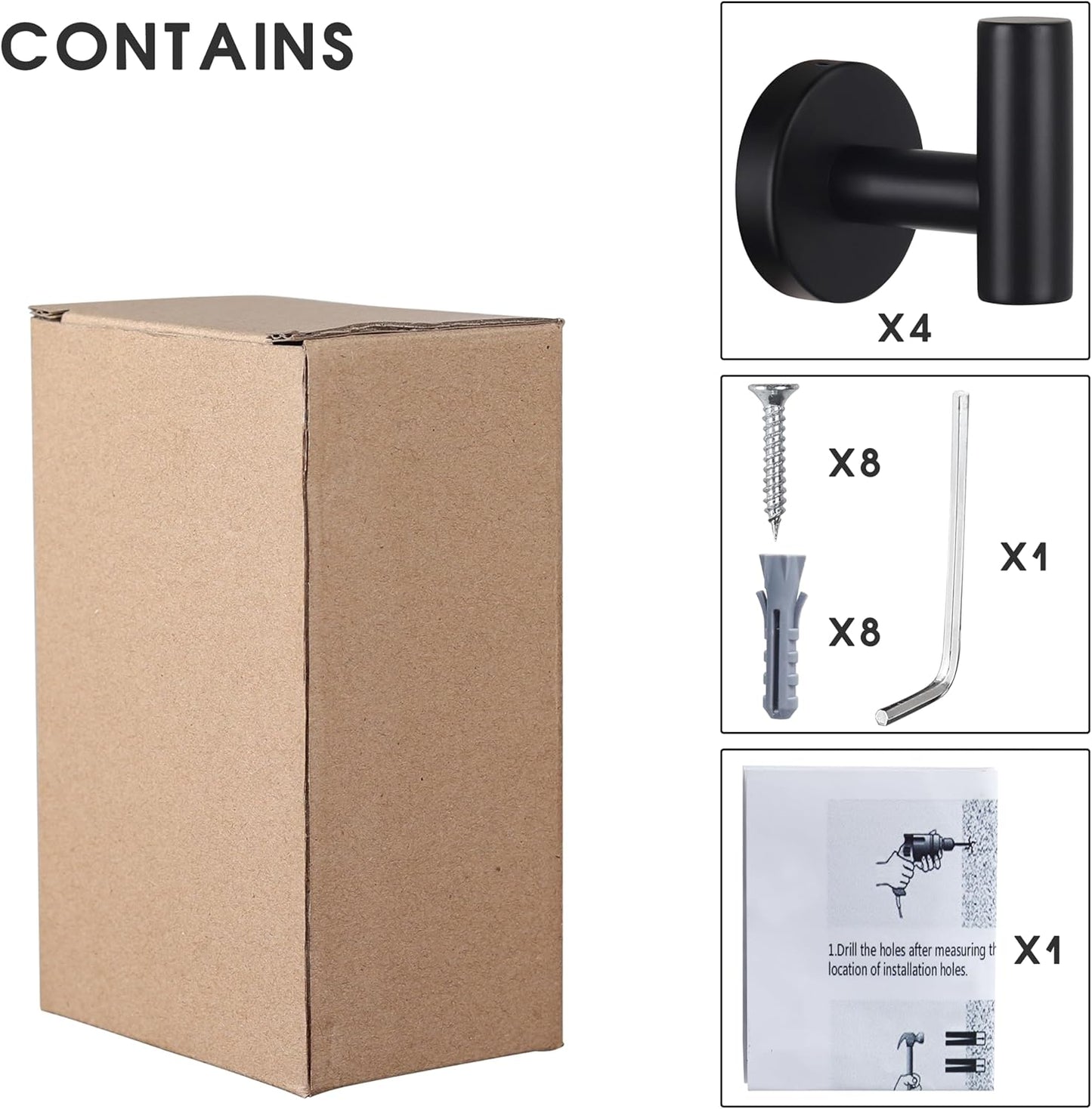 Matte Black Stainless Steel Wall Hooks – 4-Pack Heavy Duty Towel & Robe Hangers