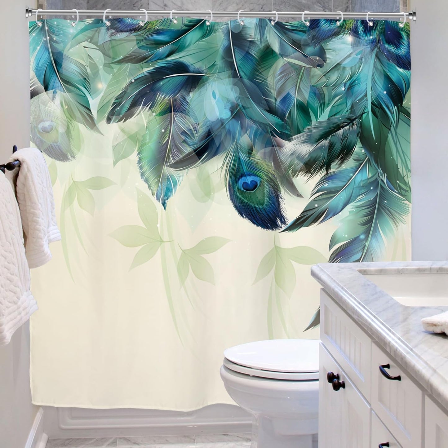 Teal Peacock Feather Shower Curtain – 72x72” Watercolor Turquoise Floral Bathroom Decor with Hooks