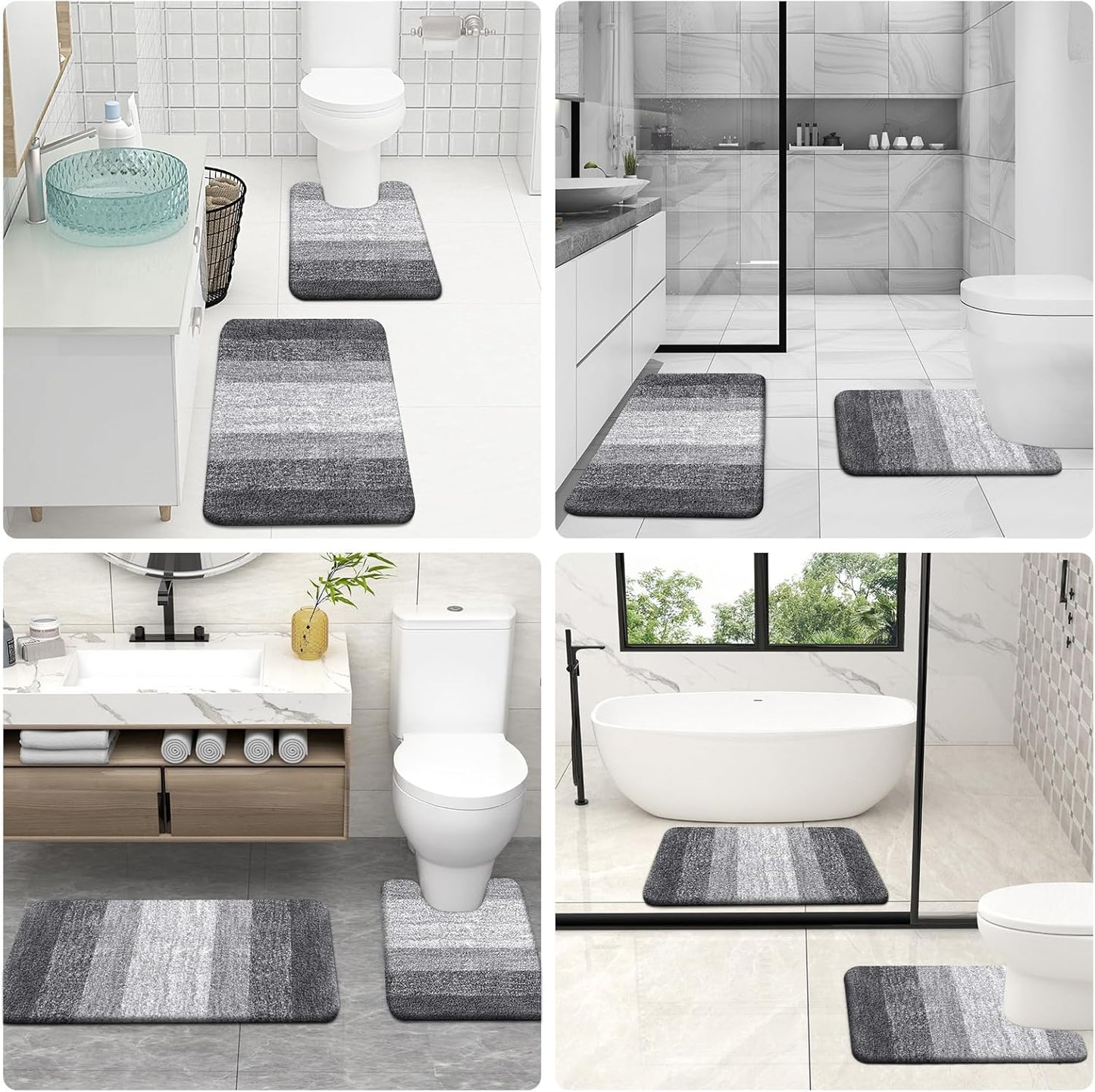 3-Piece Bathroom Rug Set – Soft Shaggy Microfiber Mats with Toilet Contour (Grey)