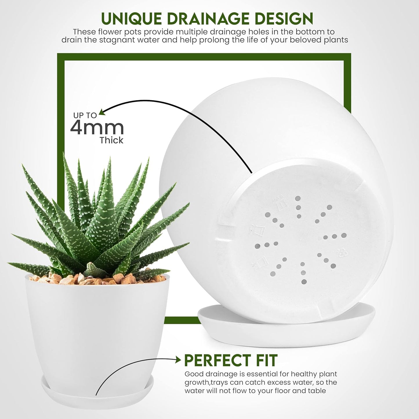 5-Pack White Indoor Plant Pots with Drainage – Modern Plastic Planters (7 to 4.8 Inches) for Home, Office & Gift Decor