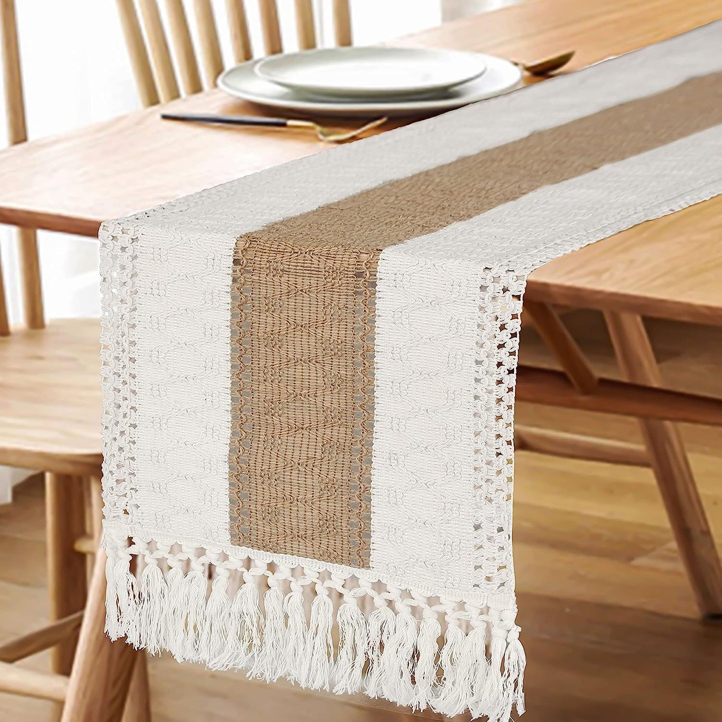 Boho Macrame Table Runner – 72" Rustic Farmhouse Burlap with Tassels