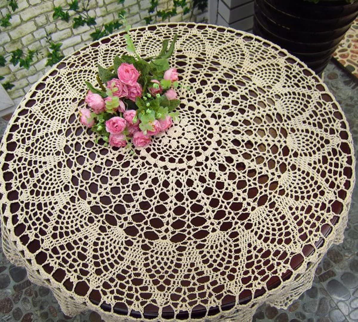 33" Vintage Crochet Lace Round Tablecloth – Handmade Cotton Doily Table Topper for Boho Wedding & Home Decor (Beige)