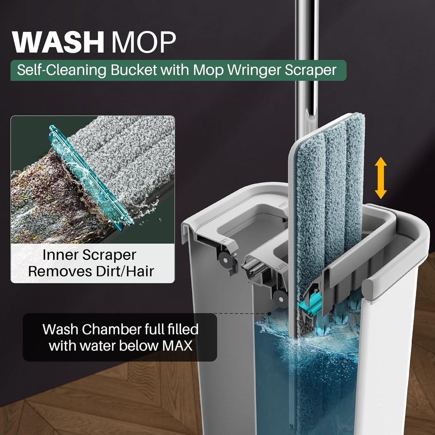 Flat Mop & Bucket Set with Hands-Free Wringer – 60" Handle + 3 Reusable Pads