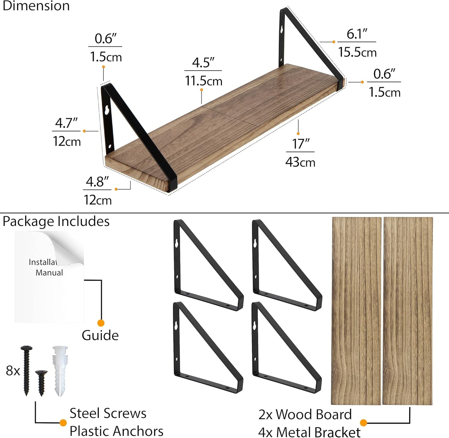 Set of 2 Rustic Floating Shelves – Wall Mounted Storage for Bathroom, Kitchen, Bedroom, or Laundry Room – Natural Burned Wood with Black Metal Brackets – Farmhouse Wall Decor Organizer