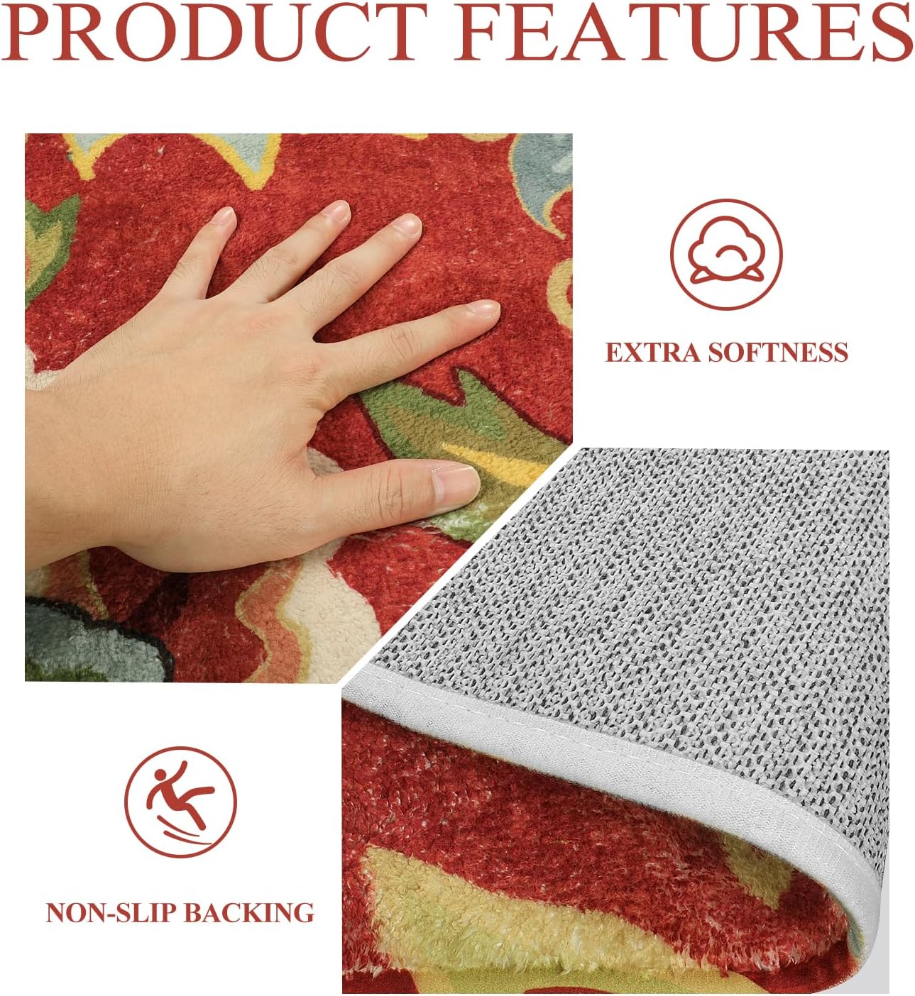 Red Kitchen Rug – 2'x3' Washable Non-Slip Modern Floral Entry Mat for Bathroom, Bedroom, or Doorway