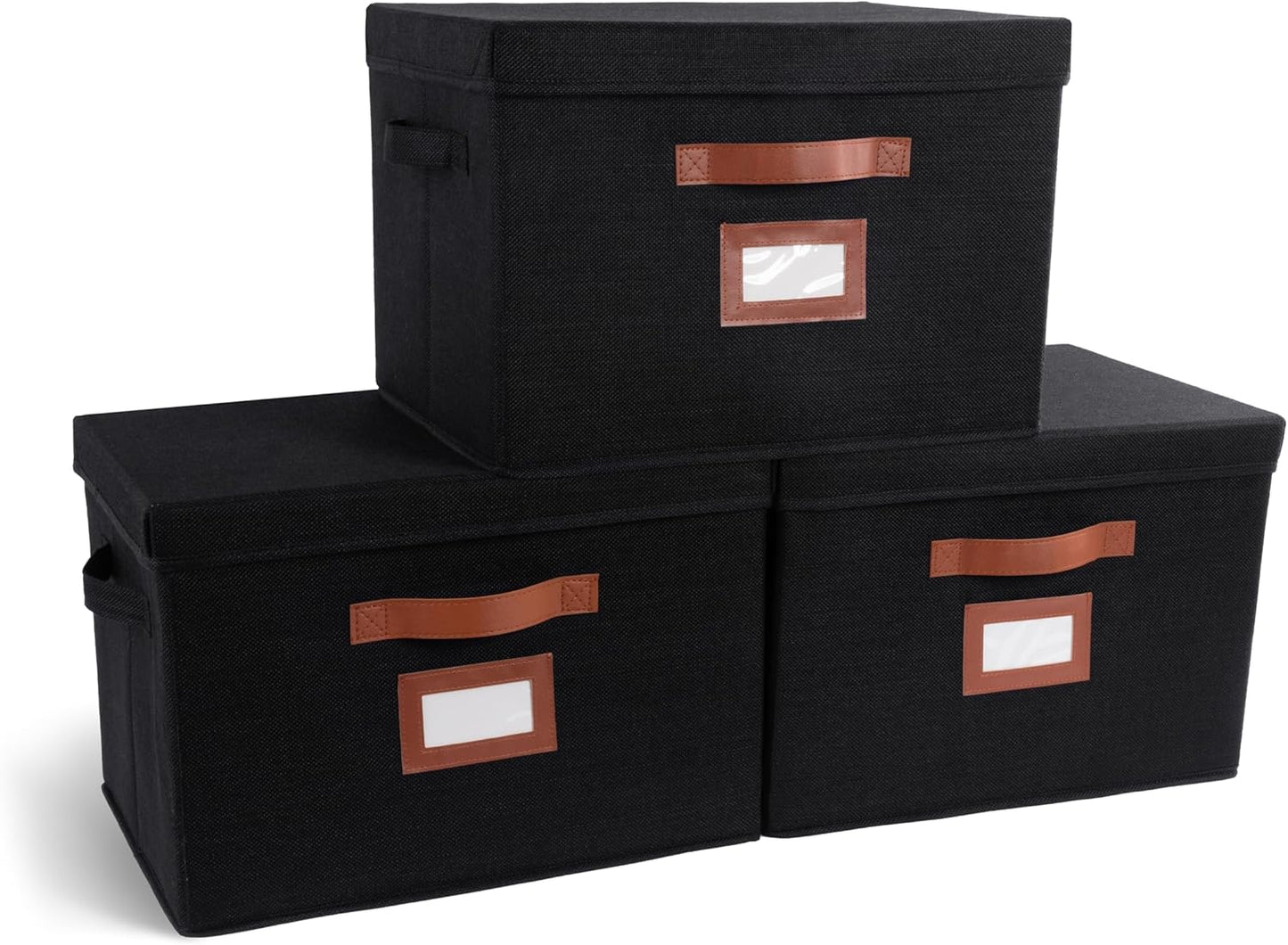 3-Pack Large Fabric Storage Boxes with Lids – Decorative Foldable Bins with Label Holder & Faux Handles (Oatmeal)