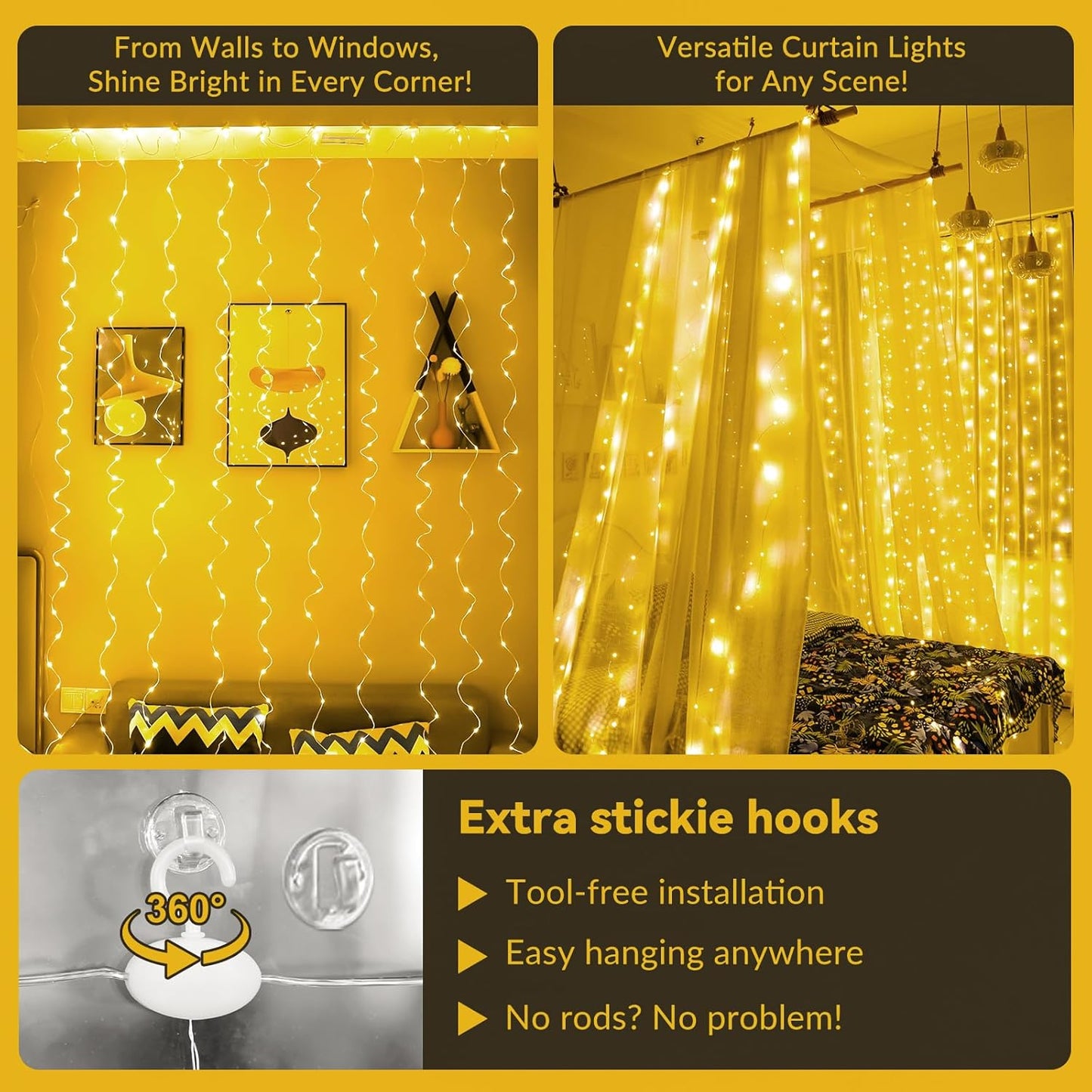 300 LED Warm White Fairy Curtain Lights – 9.8x9.8 Ft USB Hanging String Lights with Remote & 8 Modes for Bedroom, Weddings & Parties