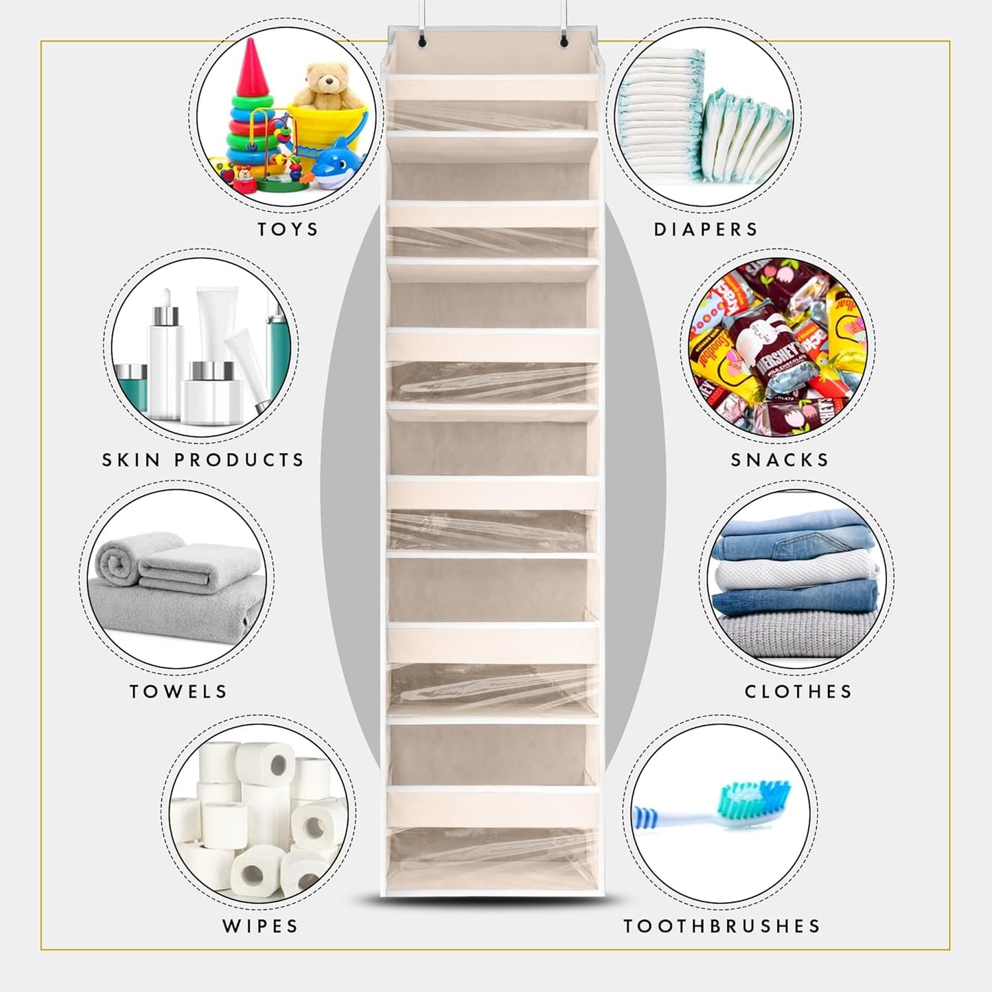 Over-the-Door Hanging Organizer – 6 Large + 12 Side Pocket Storage in Ivory (55” x 14”)