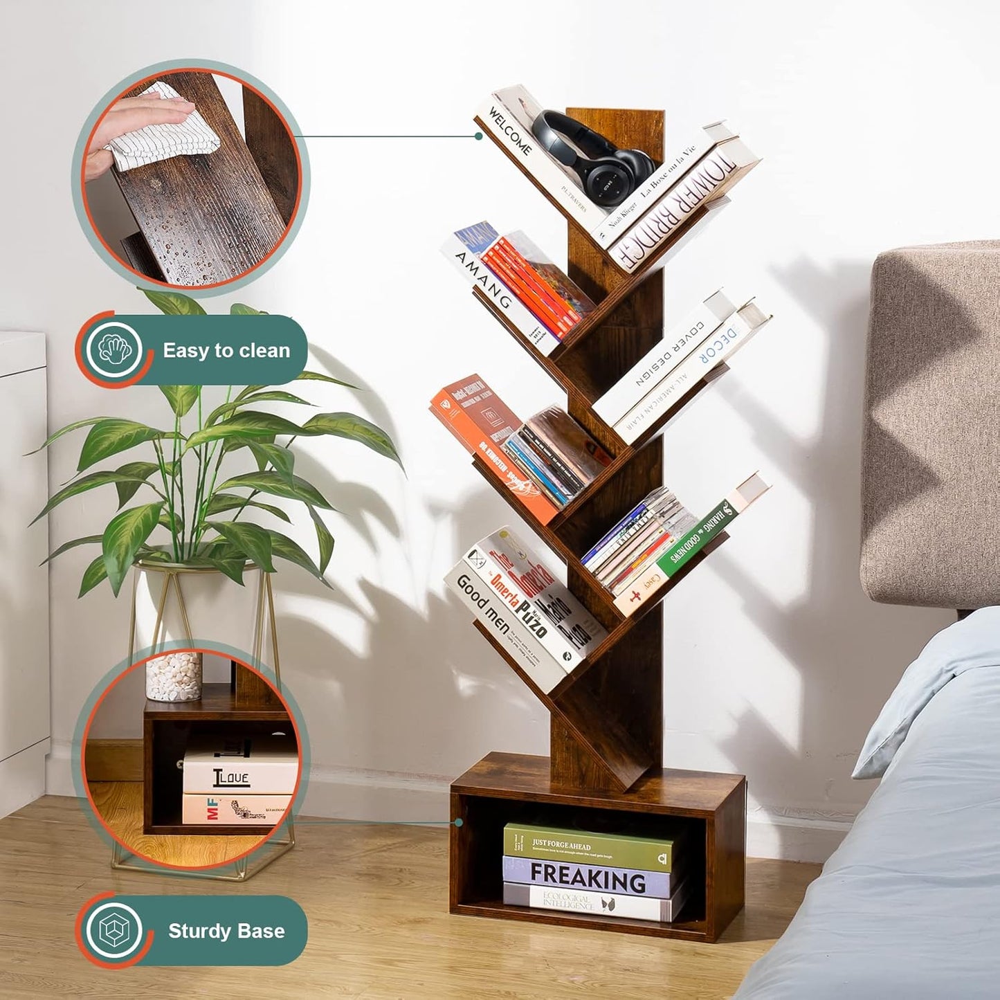 6-Shelf Tree Bookshelf – Tall Rustic Brown Wood Bookcase for Living Room, Bedroom & Office