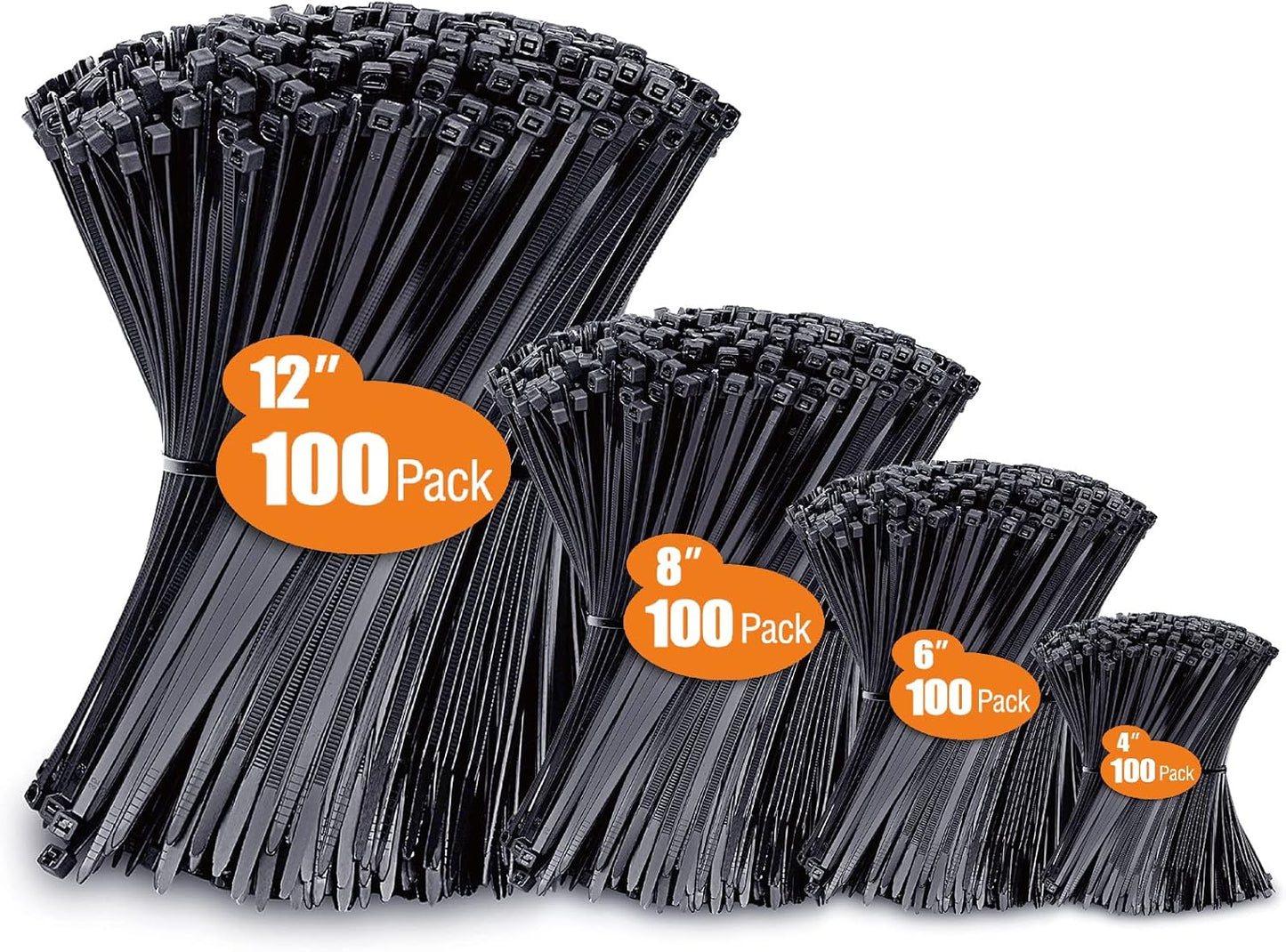 400 Pack UV-Resistant Black Zip Ties – Assorted Sizes (4”, 6”, 8”, 12”)
