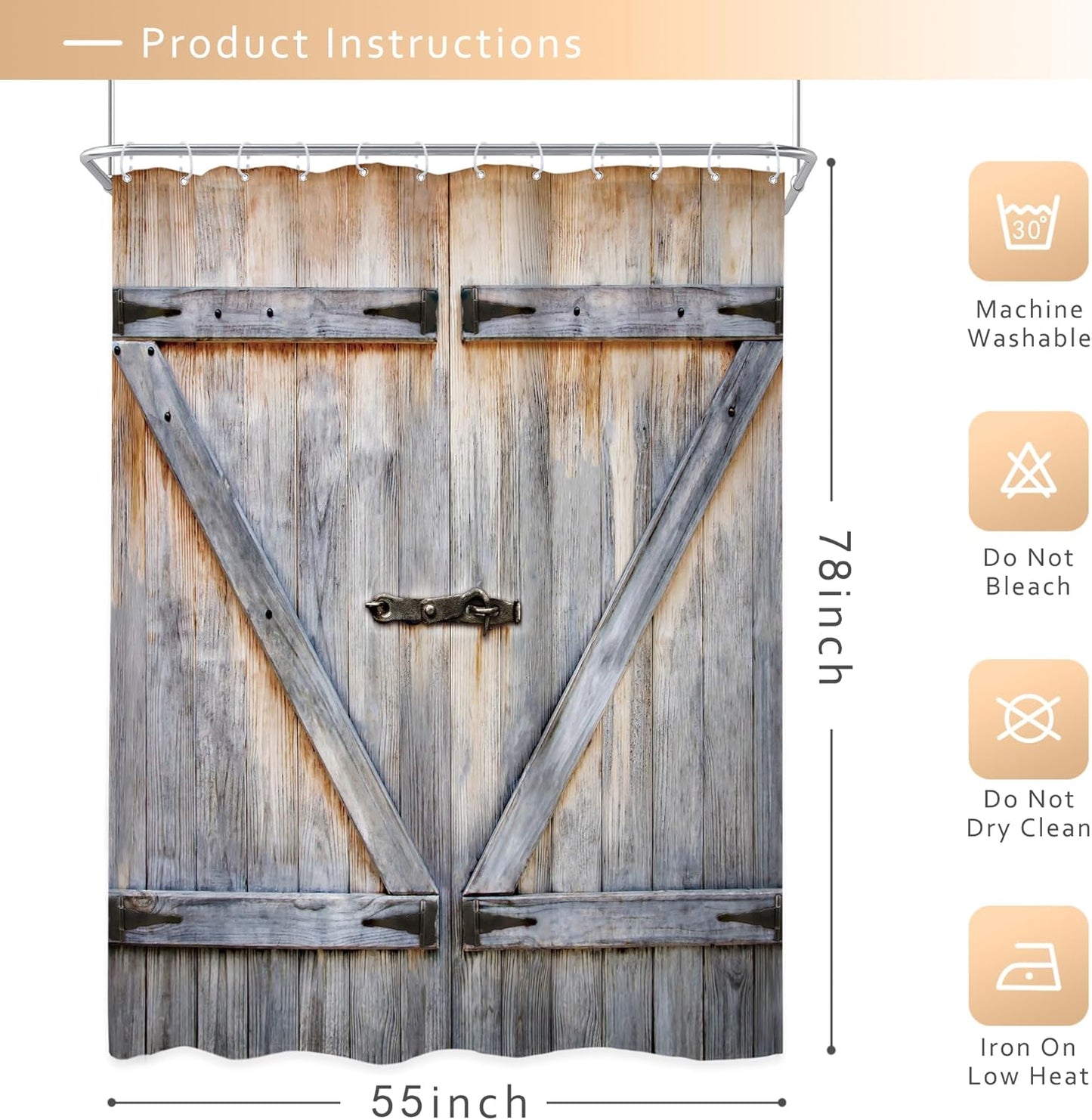 Rustic Barn Door Shower Curtain – 54x78 Inch Farmhouse Style Fabric, Vintage Wood Plank Look, Waterproof Polyester with 12 Hooks, Bathroom Decor